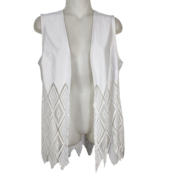 Chico's Vest Sz 0 US 4 White Sleeveless Open Front Cutout Geometric Poly Stretch - Picture 1 of 10
